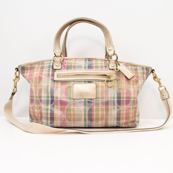 Coach Poppy Daisy Signature Madras Plaid Print Pink Rocker 2-Way Tote Bag Gold - Picture 1 of 13